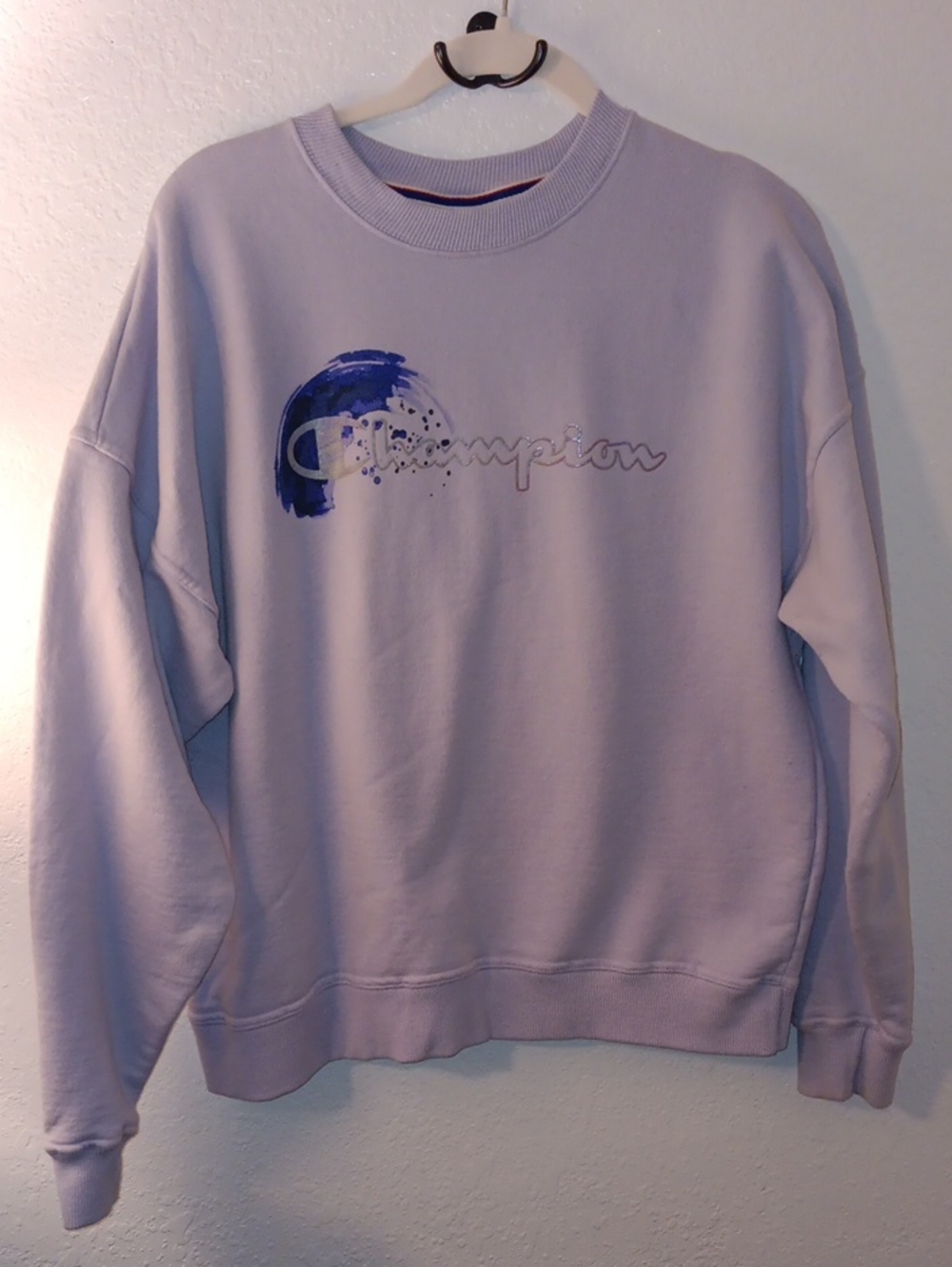 Champion Light Purple Crewneck Sweatshirt with Blue Script Detail